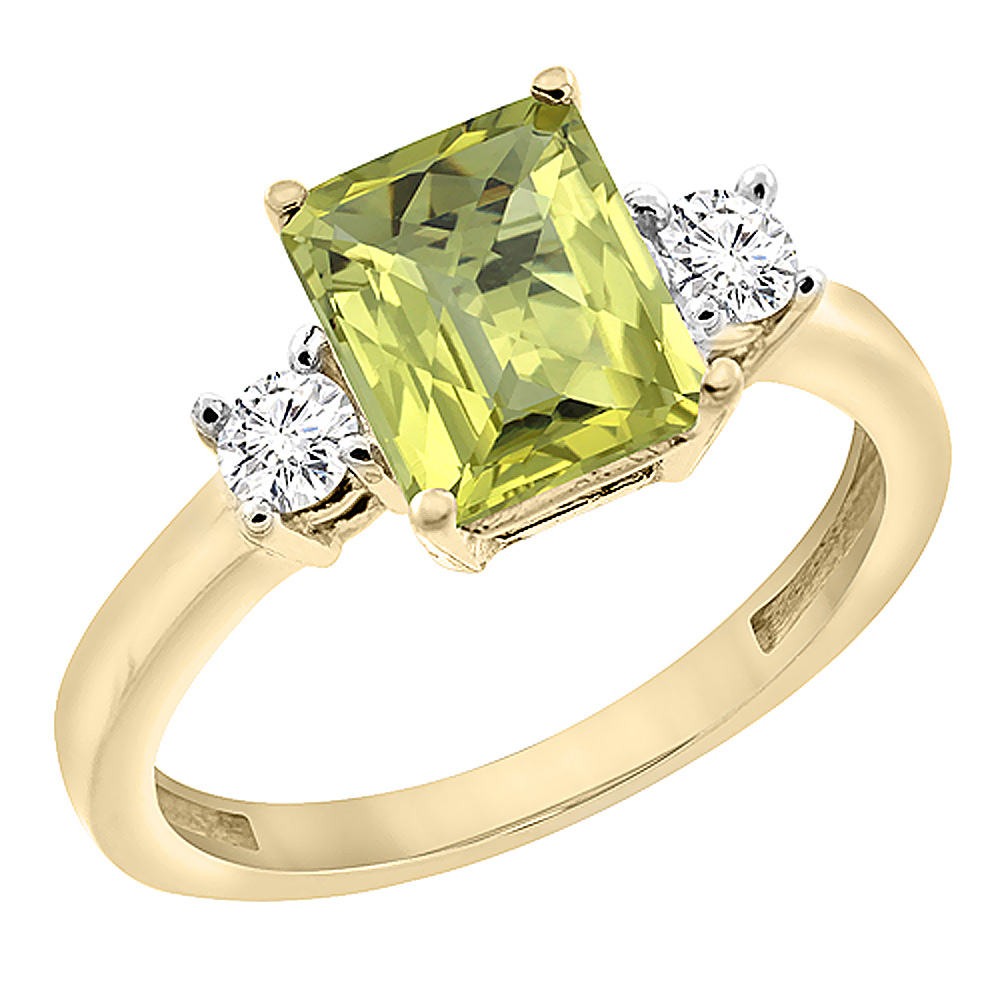 10K Yellow Gold Natural Lemon Quartz Ring Octagon 8x6 mm with Diamond Accents, sizes 5 - 10