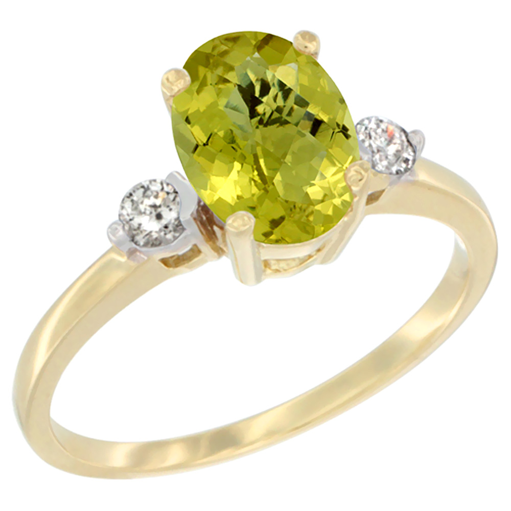 14K Yellow Gold Natural Lemon Quartz Ring Oval 9x7 mm Diamond Accent, sizes 5 to 10