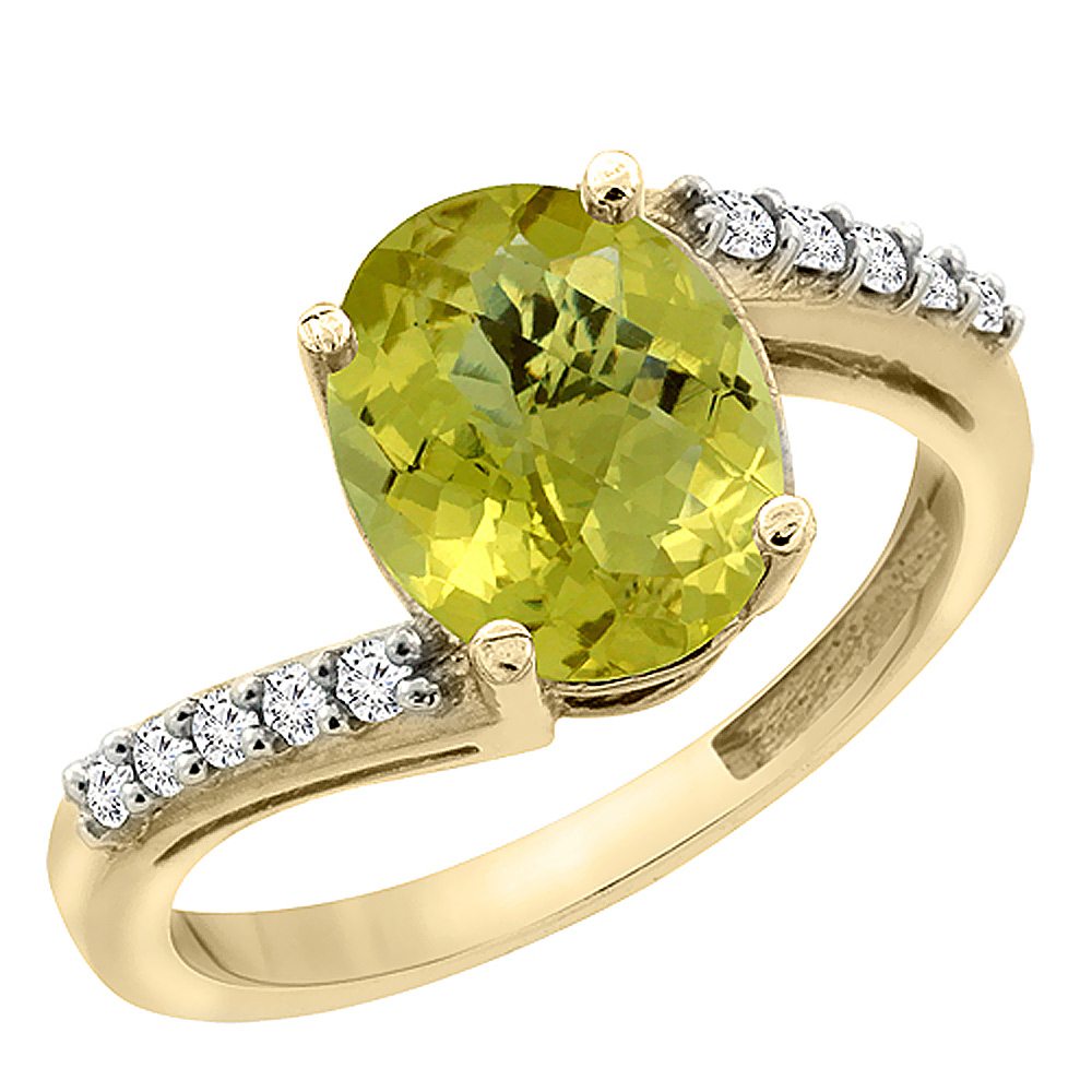 10K Yellow Gold Diamond Natural Lemon Quartz Engagement Ring Oval 10x8mm, sizes 5-10