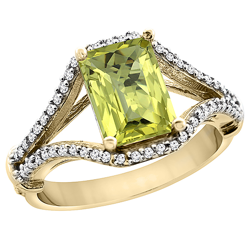 10K Yellow Gold Natural Lemon Quartz Ring Octagon 8x6 mm with Diamond Accents, sizes 5 - 10