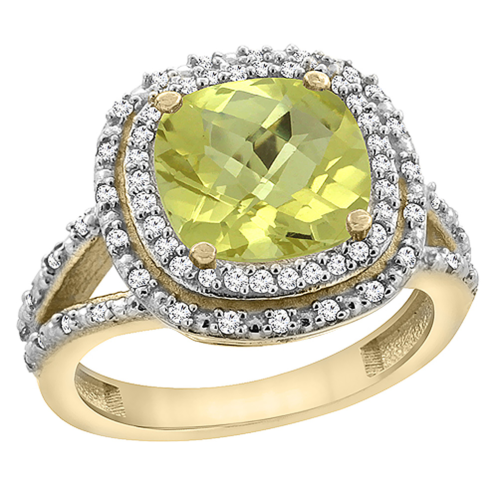 10K Yellow Gold Natural Lemon Quartz Ring Cushion 8x8 mm with Diamond Accents, sizes 5 - 10