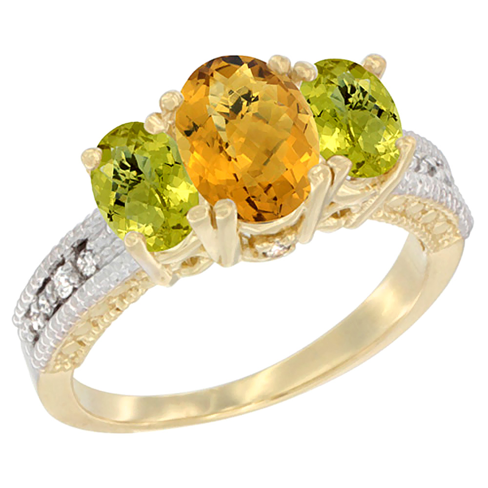 10K Yellow Gold Diamond Natural Whisky Quartz Ring Oval 3-stone with Lemon Quartz, sizes 5 - 10