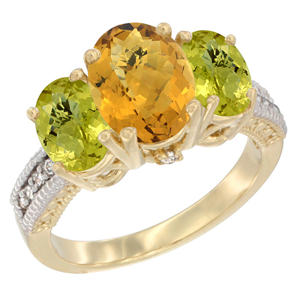 10K Yellow Gold Diamond Natural Whisky Quartz Ring 3-Stone Oval 8x6mm with Lemon Quartz, sizes5-10