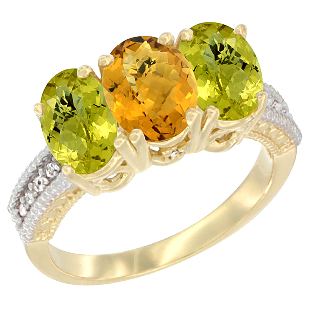 10K Yellow Gold Diamond Natural Whisky Quartz & Lemon Quartz Ring 3-Stone 7x5 mm Oval, sizes 5 - 10