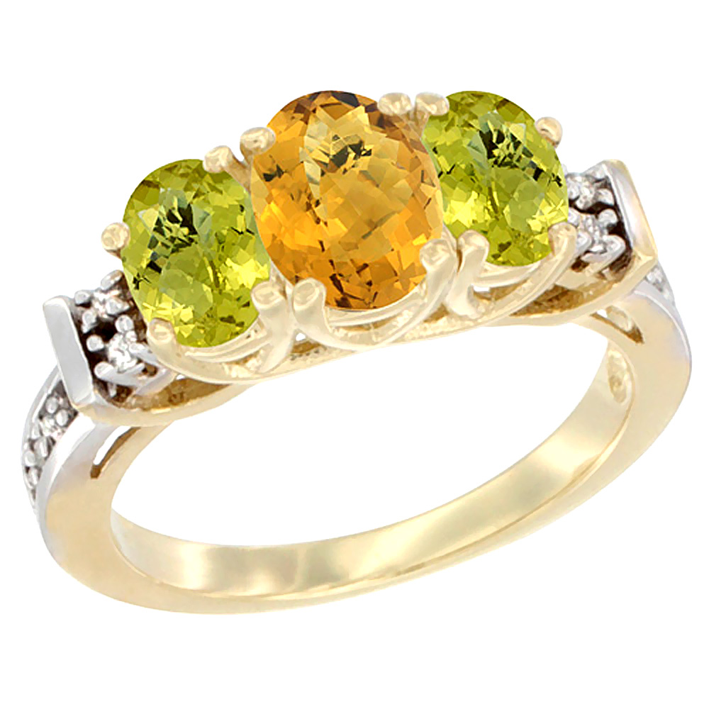 10K Yellow Gold Natural Whisky Quartz & Lemon Quartz Ring 3-Stone Oval Diamond Accent