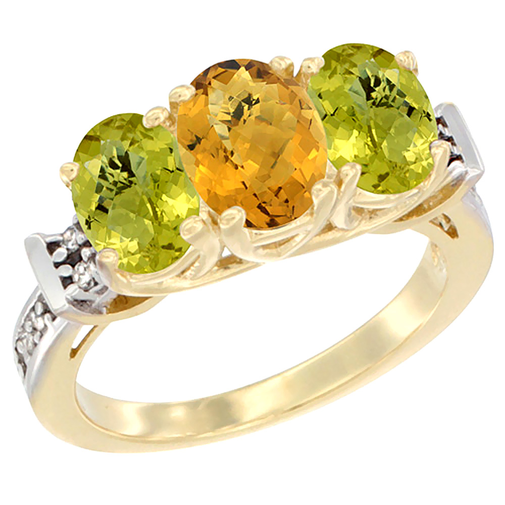 10K Yellow Gold Natural Whisky Quartz & Lemon Quartz Sides Ring 3-Stone Oval Diamond Accent, sizes 5 - 10