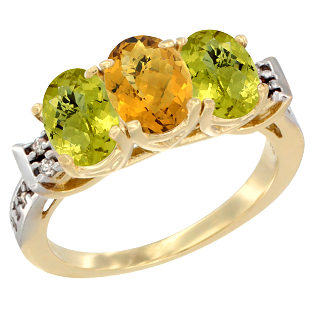 10K Yellow Gold Natural Whisky Quartz & Lemon Quartz Sides Ring 3-Stone Oval 7x5 mm Diamond Accent, sizes 5 - 10