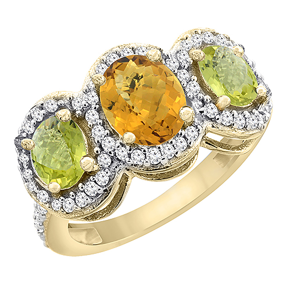 10K Yellow Gold Natural Whisky Quartz & Lemon Quartz 3-Stone Ring Oval Diamond Accent, sizes 5 - 10