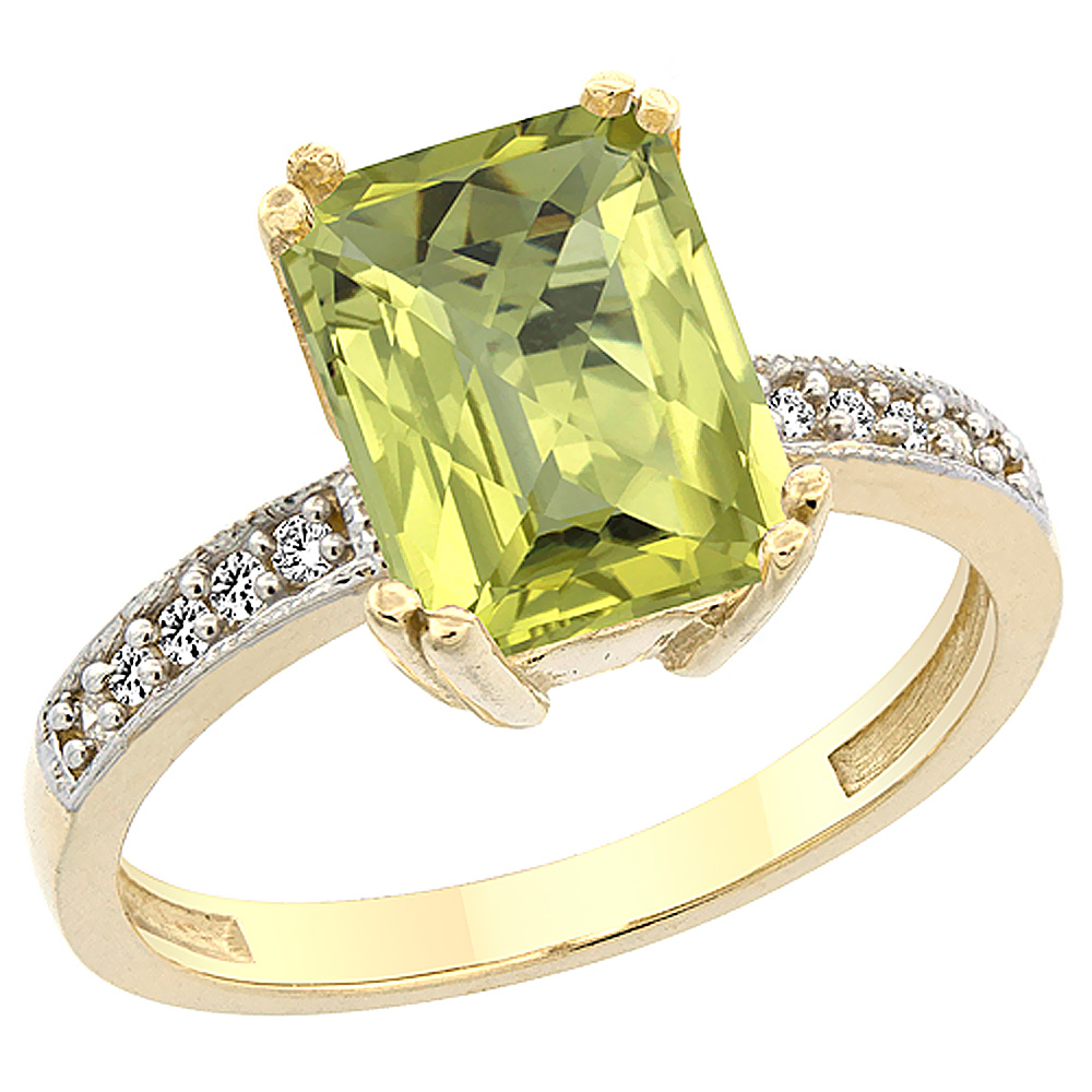 14K Yellow Gold Natural Lemon Quartz Ring Octagon 10x8mm Diamond Accent, sizes 5 to 10