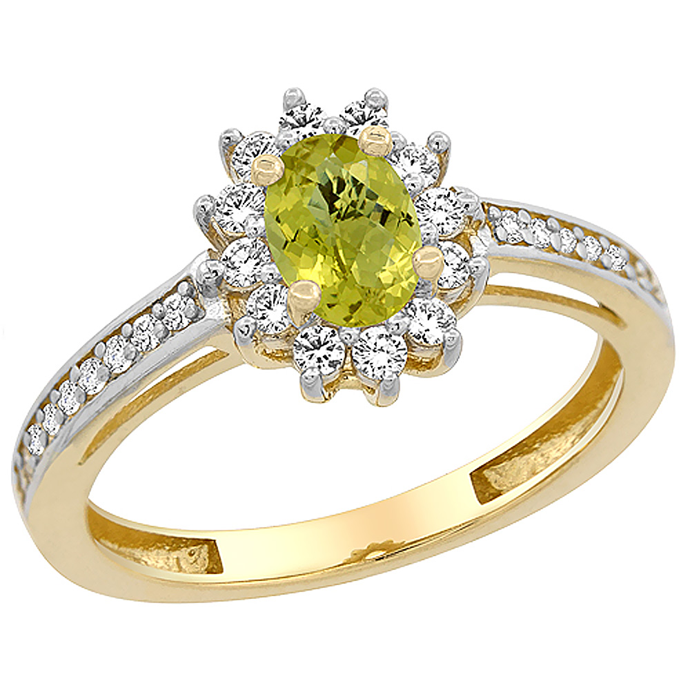 10K Yellow Gold Natural Lemon Quartz Flower Halo Ring Oval 6x4 mm Diamond Accents, sizes 5 - 10