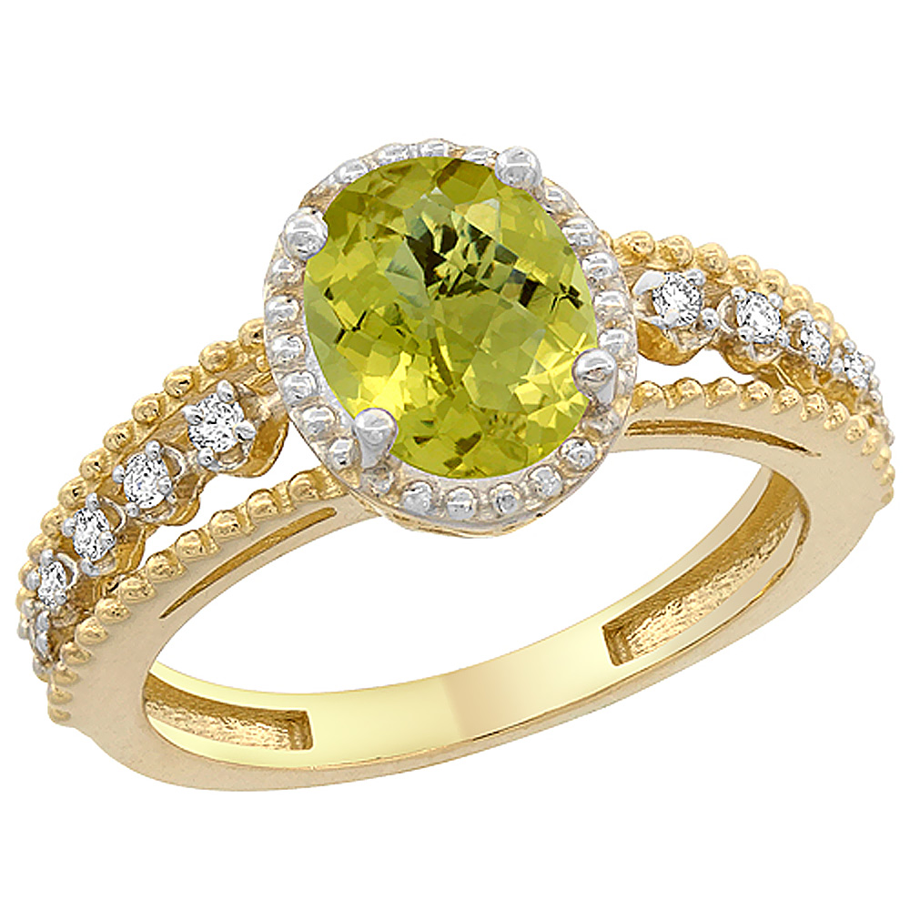 10K Yellow Gold Natural Lemon Quartz Ring Oval 9x7 mm Floating Diamond Accents, sizes 5 - 10