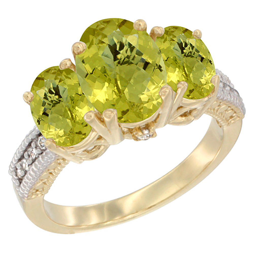 10K Yellow Gold Diamond Natural Lemon Quartz Ring 3-Stone Oval 8x6mm, sizes5-10