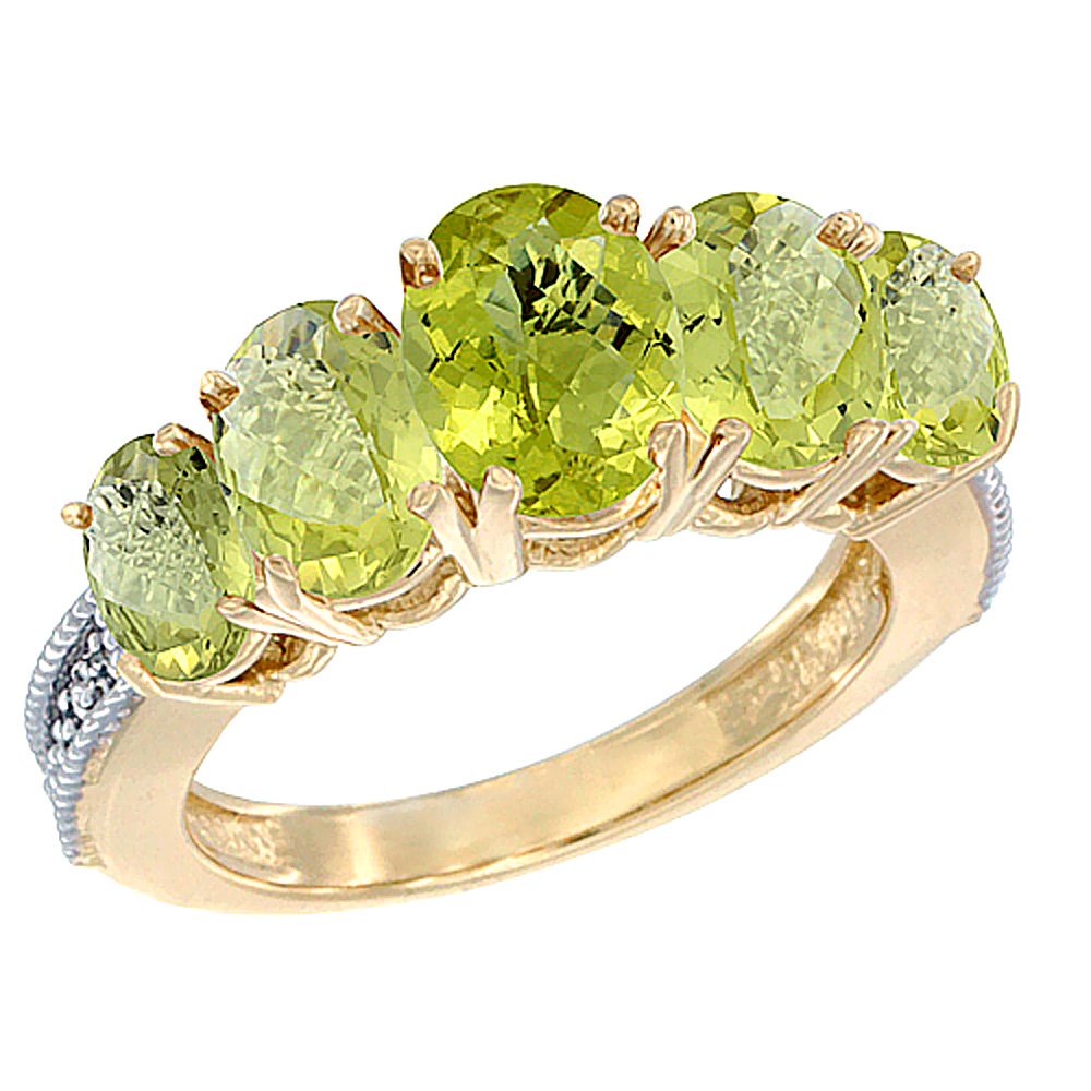 14K Yellow Gold Diamond Natural Lemon Quartz Ring 5-stone Oval 8x6 Ctr,7x5,6x4 sides, sizes 5 - 10