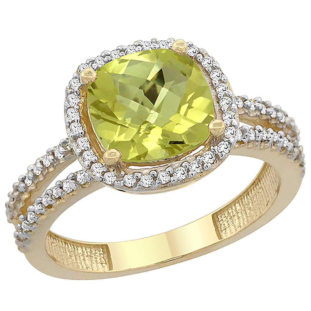 14K Yellow Gold Natural Lemon Quartz Ring Cushion-cut 8x8 mm 2-row Diamond Accents, sizes 5 - 10