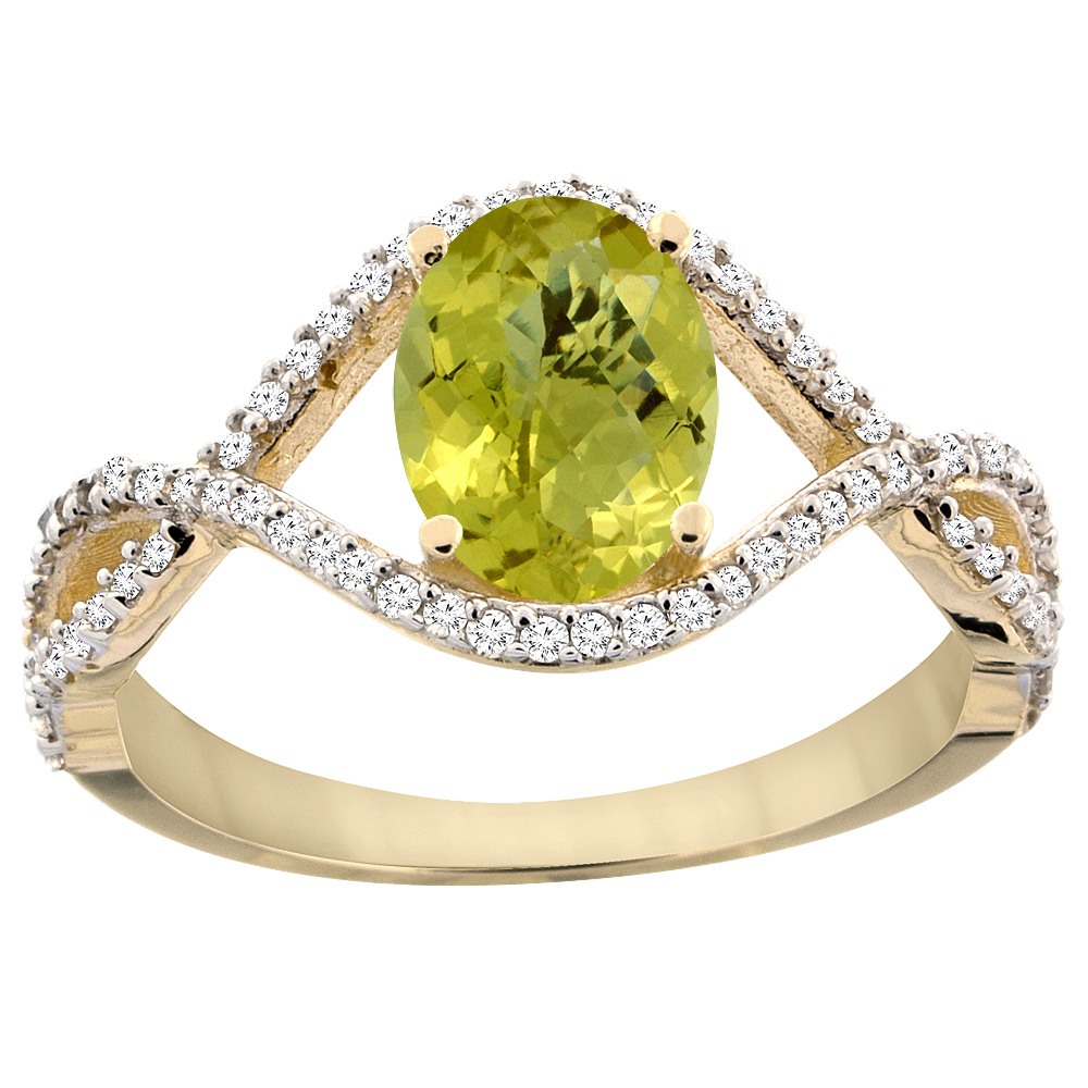 14K Yellow Gold Natural Lemon Quartz Ring Oval 8x6 mm Infinity Diamond Accents, sizes 5 - 10