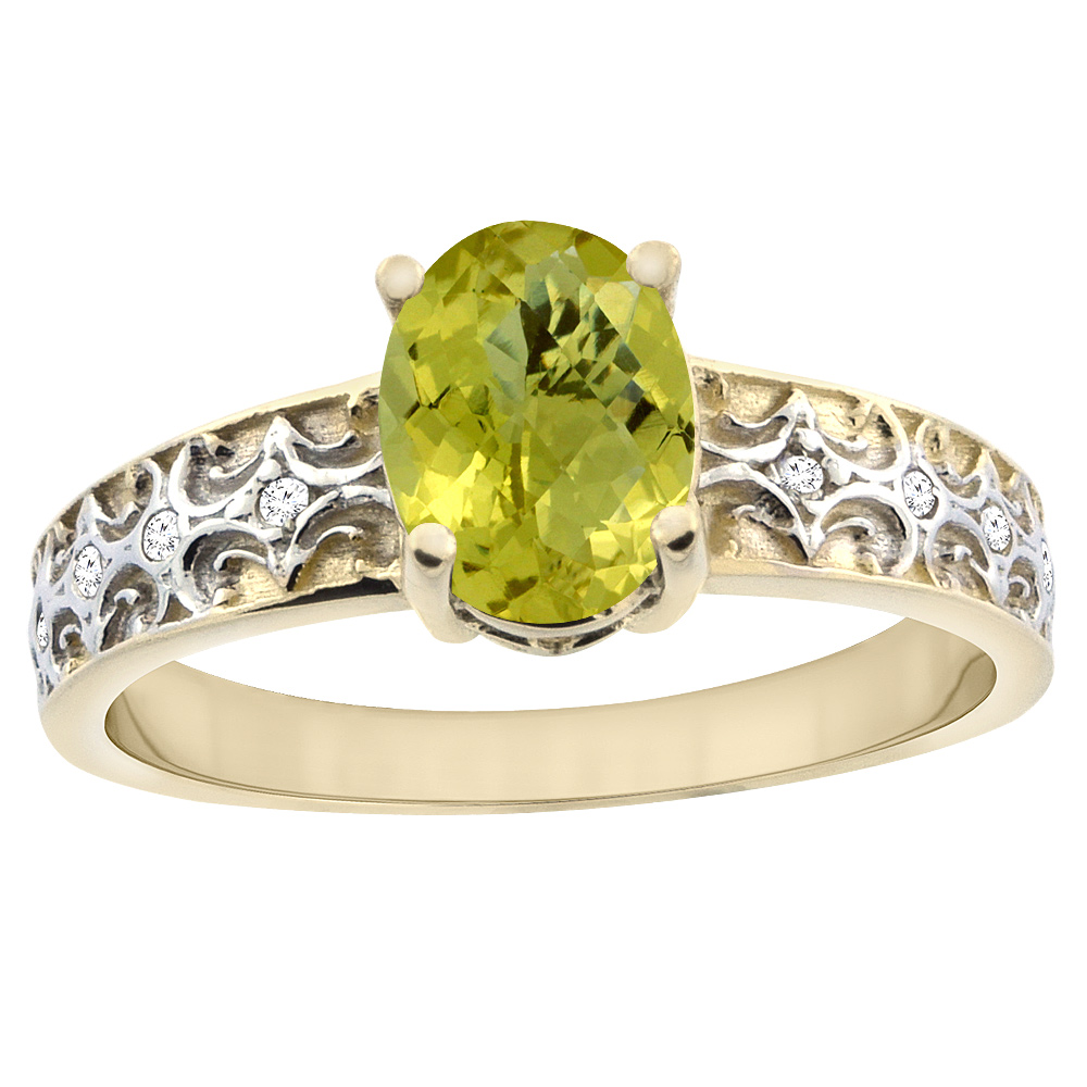 14K Yellow Gold Natural Lemon Quartz Ring Oval 8x6 mm Diamond Accents, sizes 5 - 10