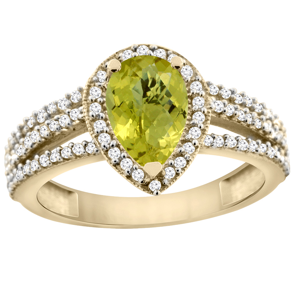 10K Yellow Gold Natural Lemon Quartz Ring 9x7 Pear Halo Diamond, sizes 5 - 10