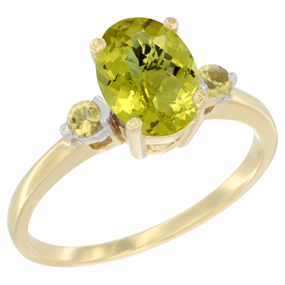 14K Yellow Gold Natural Lemon Quartz Ring Oval 9x7 mm Yellow Sapphire Accent, sizes 5 to 10