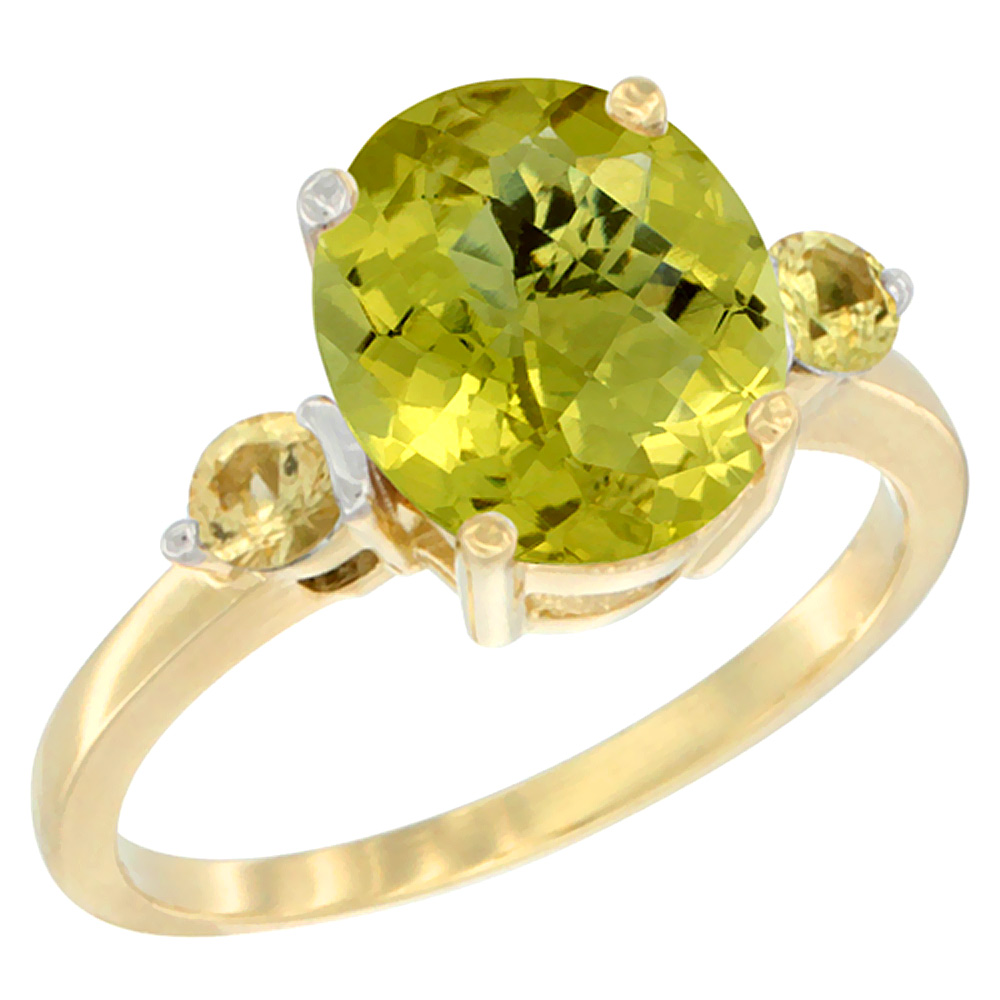 14K Yellow Gold 10x8mm Oval Natural Lemon Quartz Ring for Women Yellow Sapphire Side-stones sizes 5 - 10