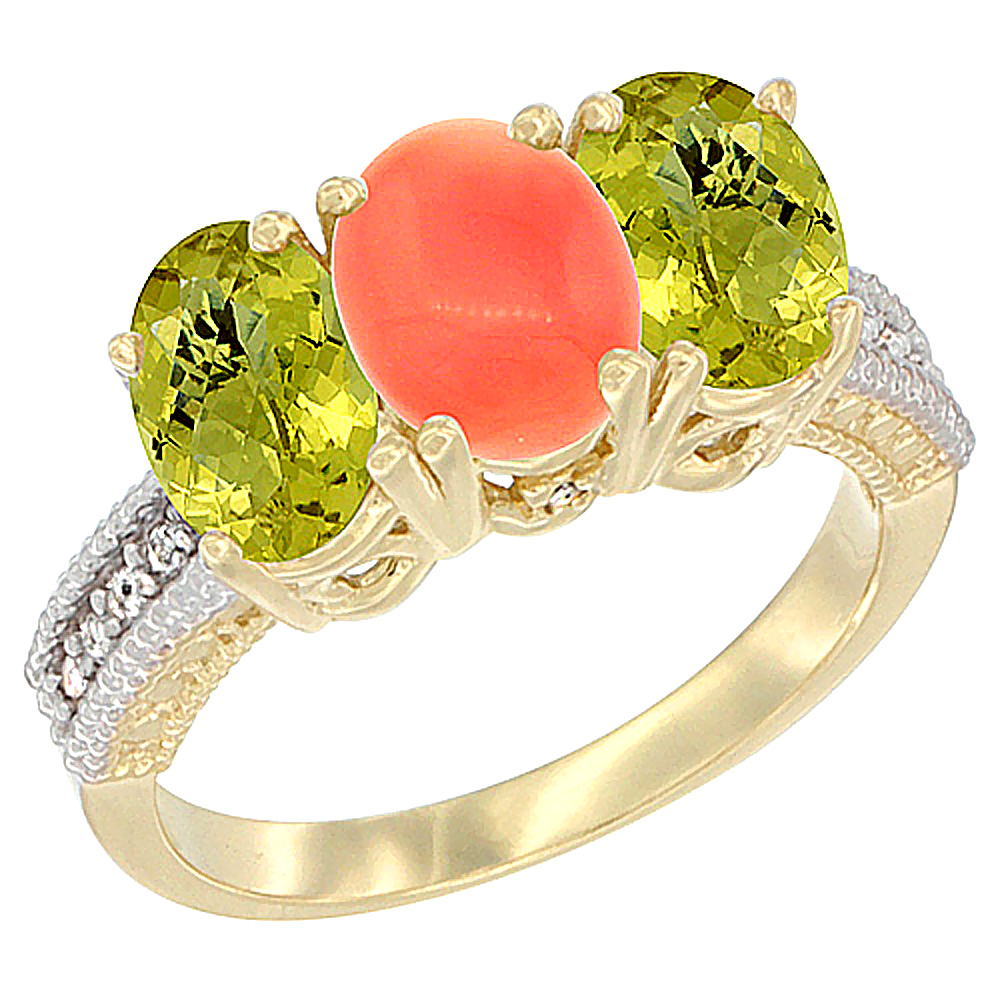 10K Yellow Gold Diamond Natural Coral & Lemon Quartz Ring 3-Stone 7x5 mm Oval, sizes 5 - 10