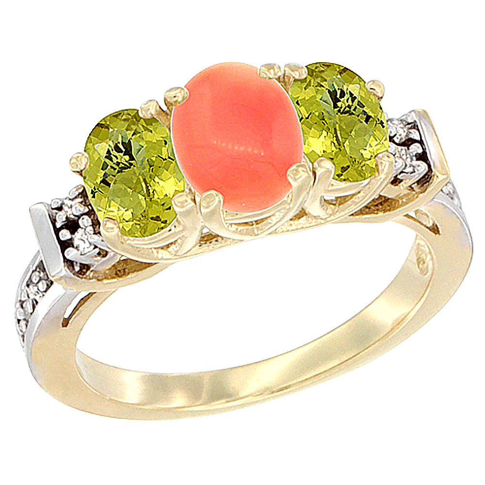 14K Yellow Gold Natural Coral & Lemon Quartz Ring 3-Stone Oval Diamond Accent