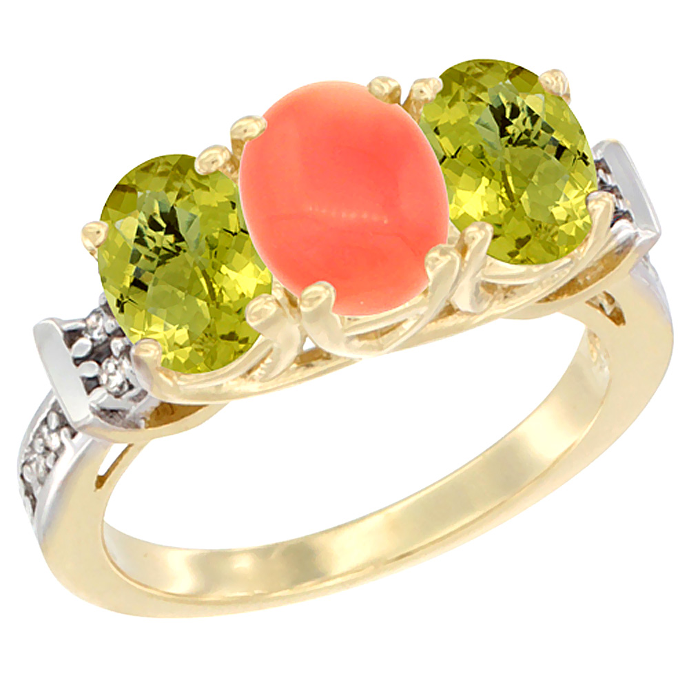 14K Yellow Gold Natural Coral & Lemon Quartz Sides Ring 3-Stone Oval Diamond Accent, sizes 5 - 10