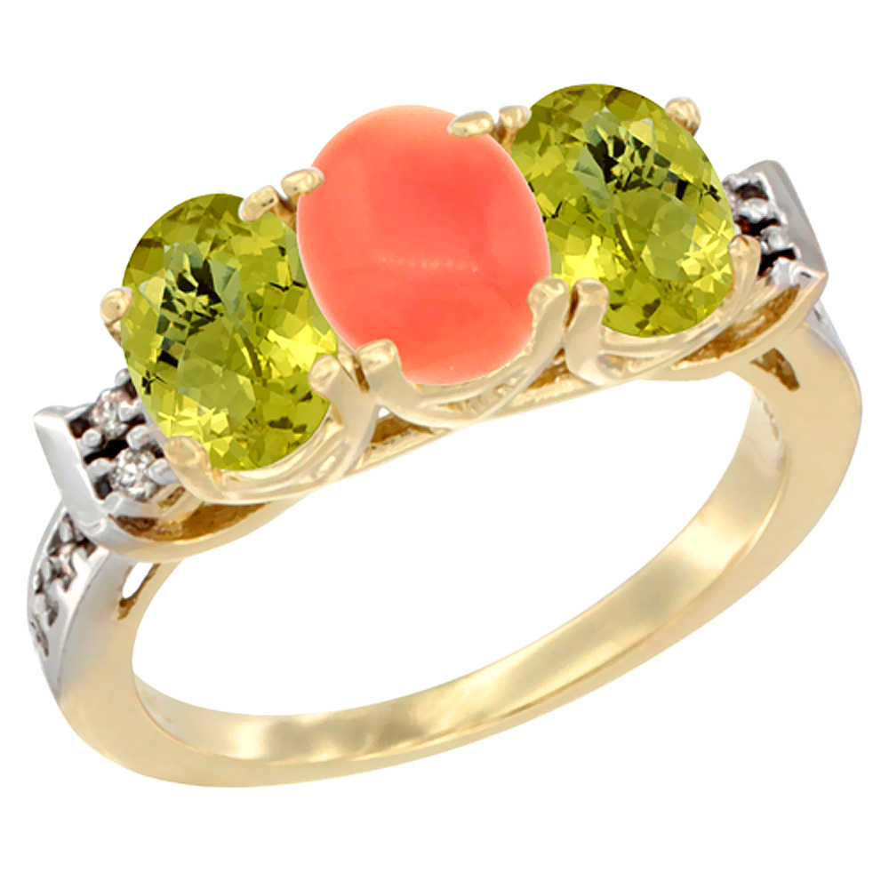 14K Yellow Gold Natural Coral & Lemon Quartz Ring 3-Stone 7x5 mm Oval Diamond Accent, sizes 5 - 10