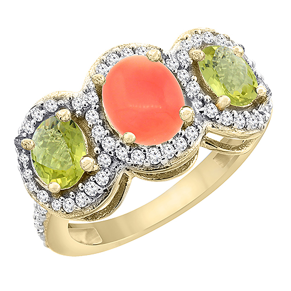 14K Yellow Gold Natural Coral &amp; Lemon Quartz 3-Stone Ring Oval Diamond Accent, sizes 5 - 10