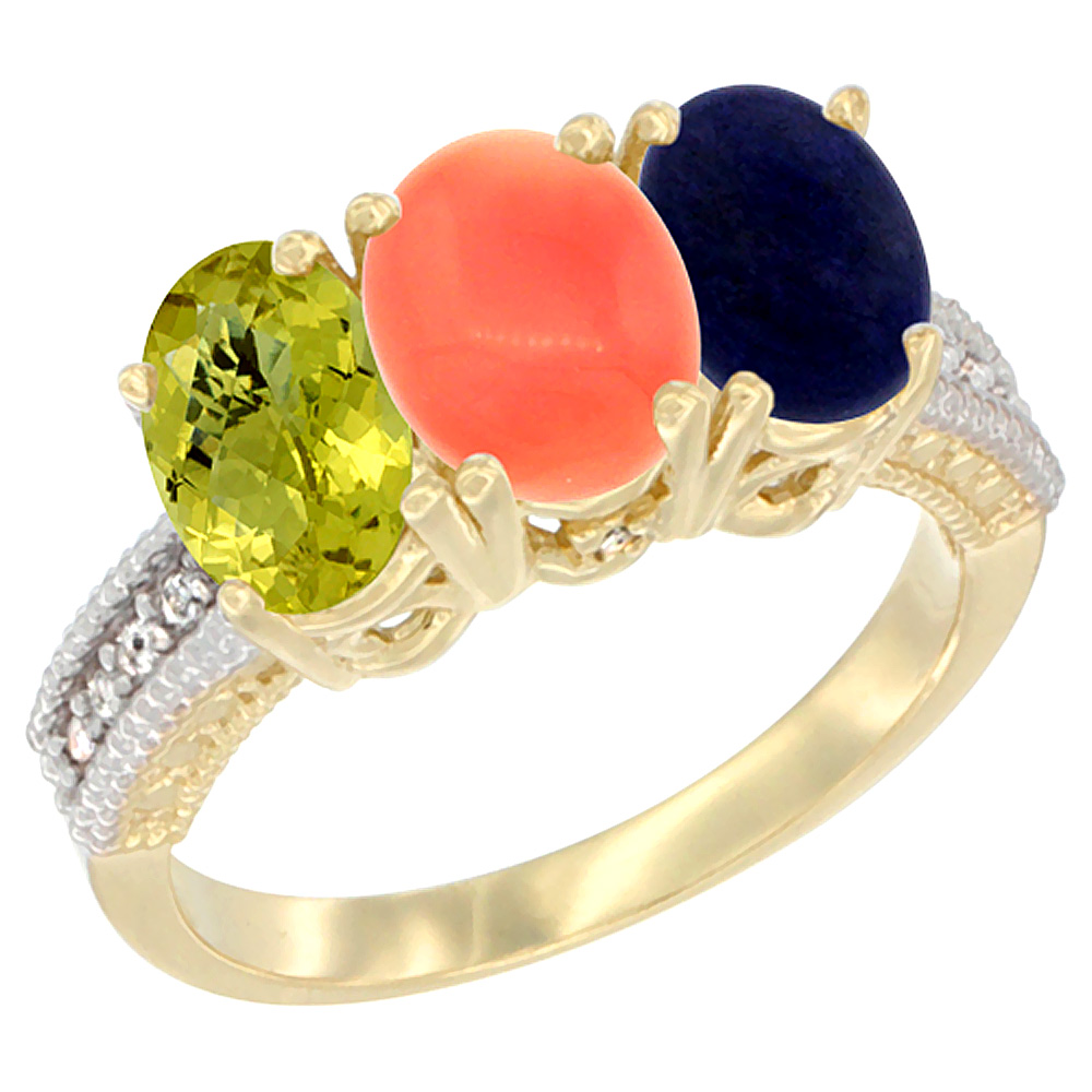 10K Yellow Gold Diamond Natural Lemon Quartz, Coral & Lapis Ring 3-Stone 7x5 mm Oval, sizes 5 - 10