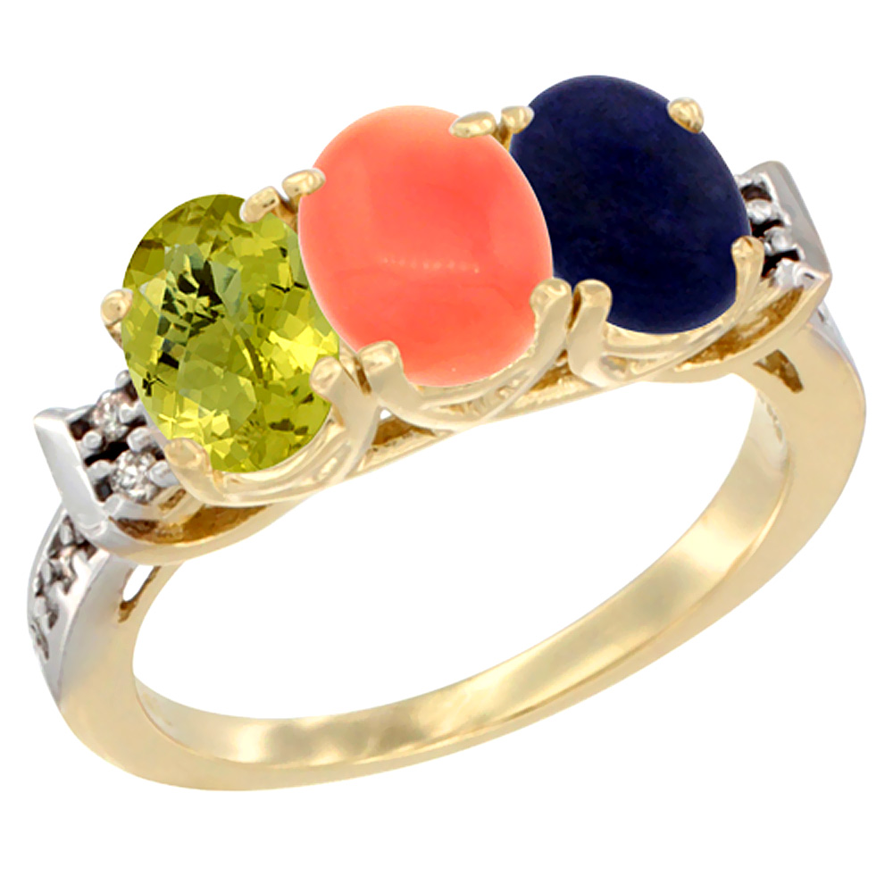 10K Yellow Gold Natural Lemon Quartz, Coral & Lapis Ring 3-Stone Oval 7x5 mm Diamond Accent, sizes 5 - 10