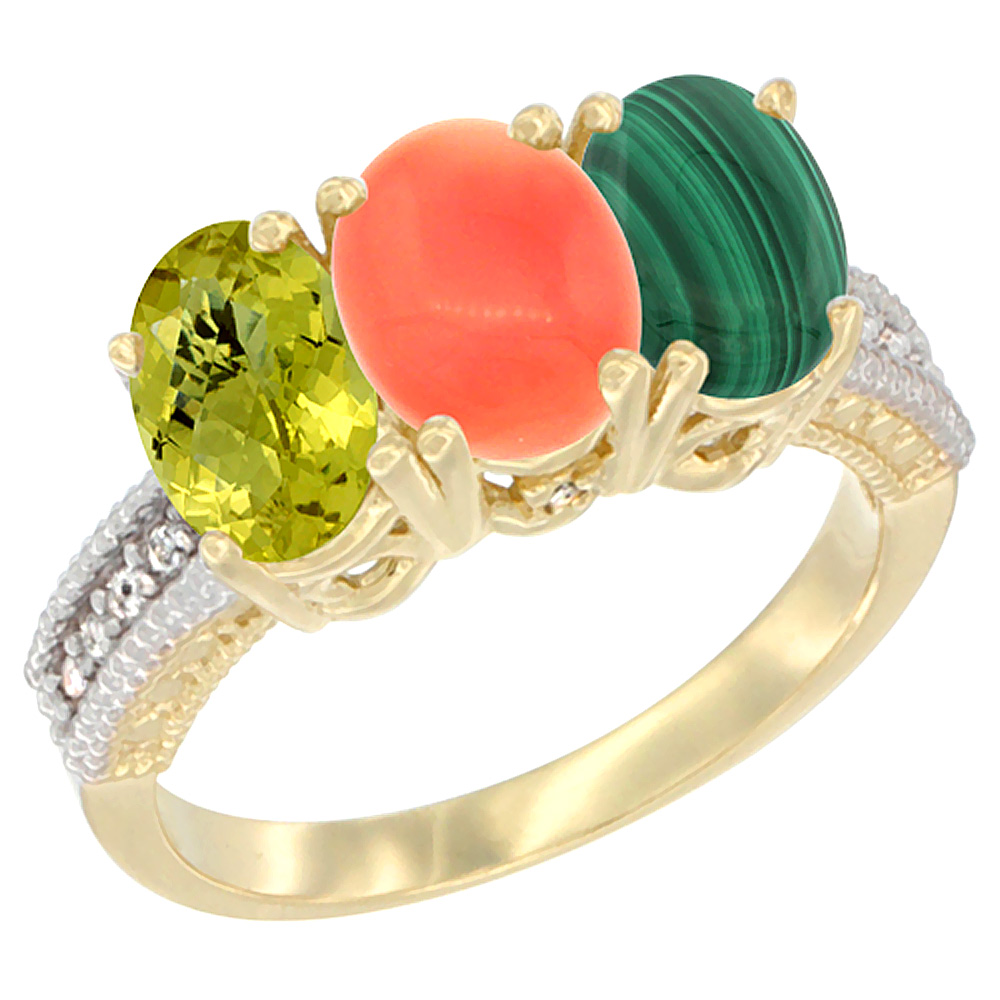 10K Yellow Gold Diamond Natural Lemon Quartz, Coral & Malachite Ring 3-Stone 7x5 mm Oval, sizes 5 - 10