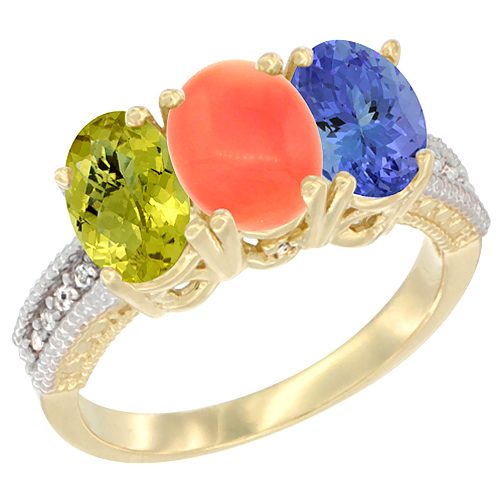 10K Yellow Gold Diamond Natural Lemon Quartz, Coral & Tanzanite Ring 3-Stone 7x5 mm Oval, sizes 5 - 10