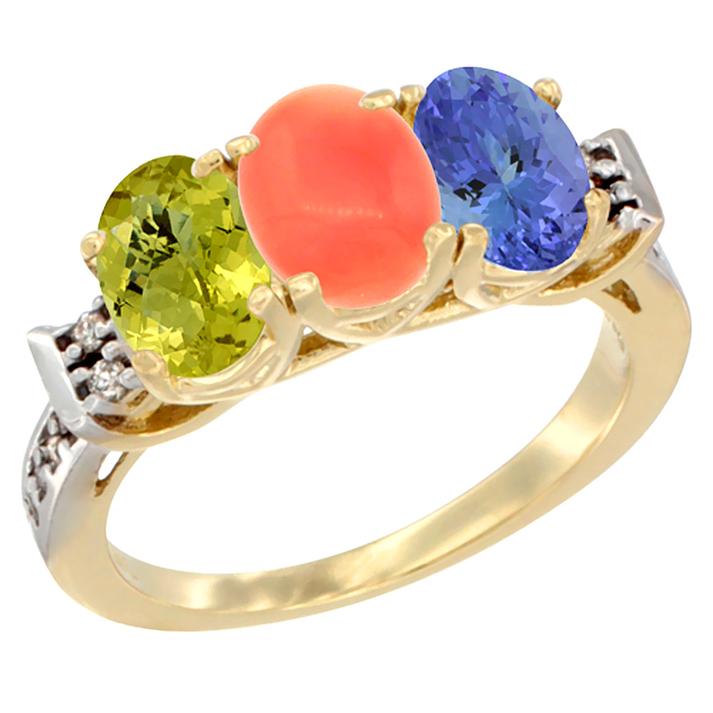 10K Yellow Gold Natural Lemon Quartz, Coral & Tanzanite Ring 3-Stone Oval 7x5 mm Diamond Accent, sizes 5 - 10