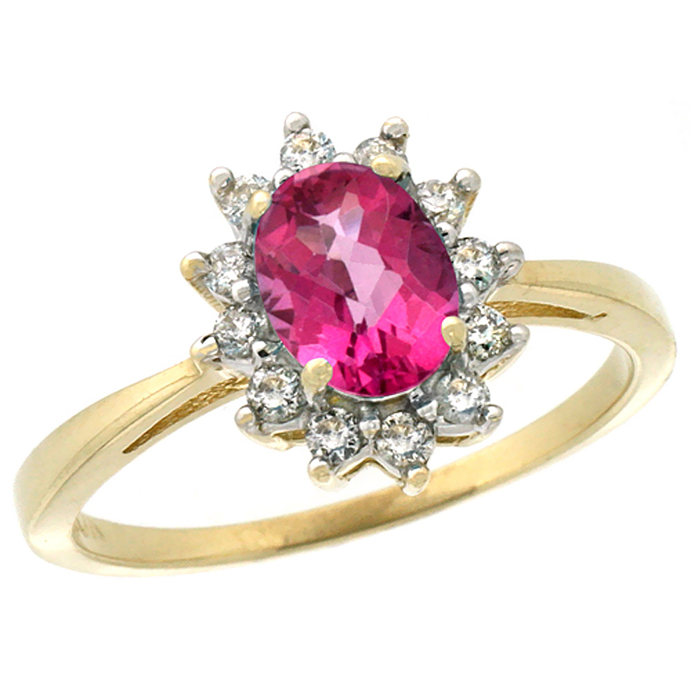 14K Yellow Gold Natural Pink Sapphire Engagement Ring Oval 7x5mm Diamond Halo, sizes 5-10