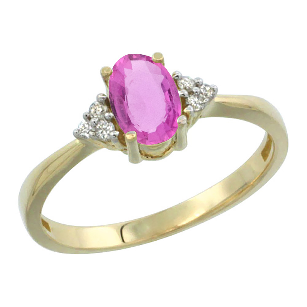 10K Yellow Gold Diamond Natural Pink Sapphire Engagement Ring Oval 7x5mm, sizes 5-10