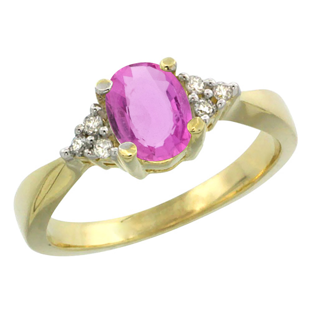 14K Yellow Gold Diamond Natural Pink Sapphire Engagement Ring Oval 7x5mm, sizes 5-10