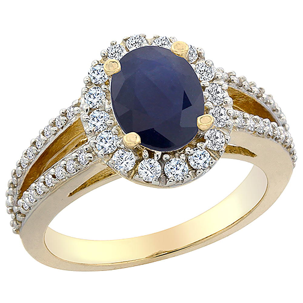 14K Yellow Gold Natural Australian Sapphire Halo Ring Oval 8x6 mm with Diamond Accents, sizes 5 - 10