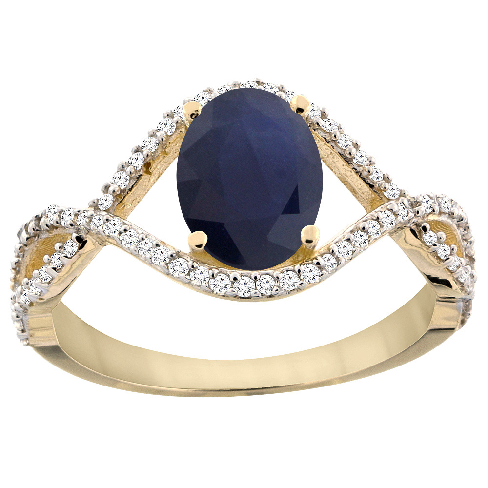 10K Yellow Gold Natural Australian Sapphire Ring Oval 8x6 mm Infinity Diamond Accents, sizes 5 - 10