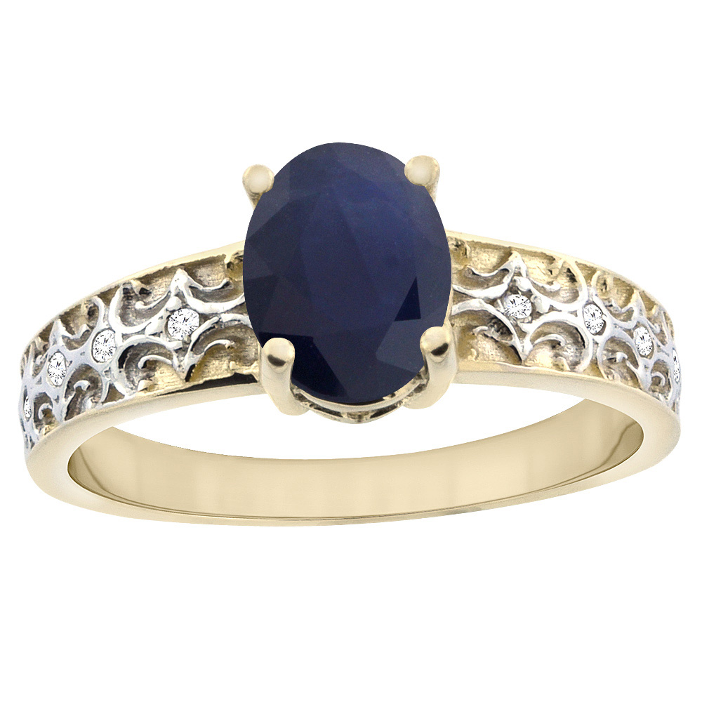 14K Yellow Gold Natural Australian Sapphire Ring Oval 8x6 mm Diamond Accents, sizes 5 - 10