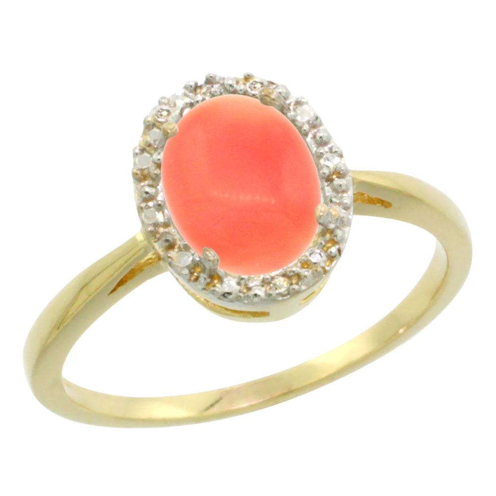 14K Yellow Gold Natural Coral Diamond Halo Ring Oval 8X6mm, sizes 5 10