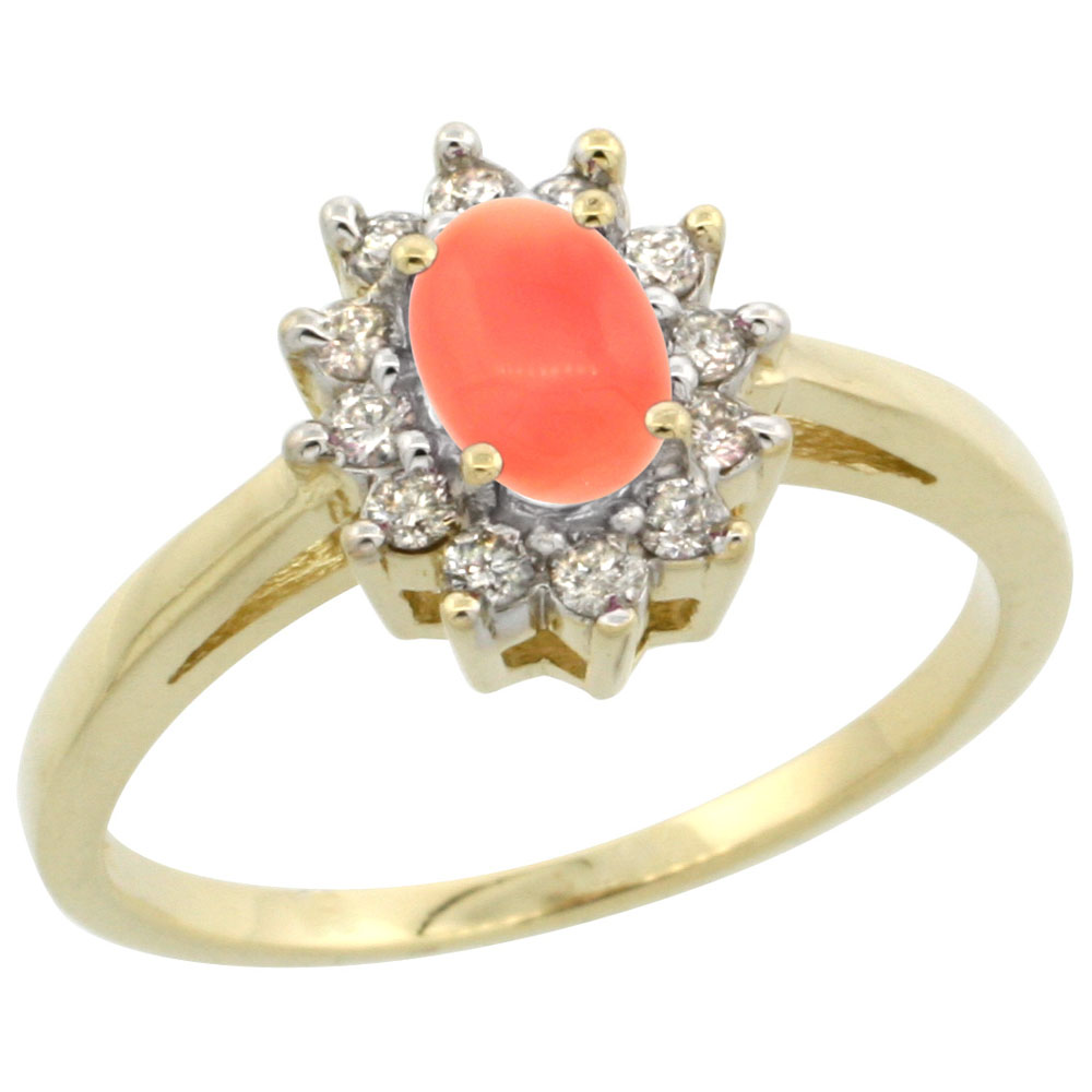 10K Yellow Gold Natural Coral Flower Diamond Halo Ring Oval 6x4 mm, sizes 5 10