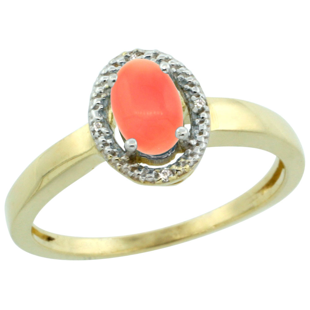 10K Yellow Gold Diamond Halo Natural Coral Engagement Ring Oval 6X4 mm, sizes 5-10