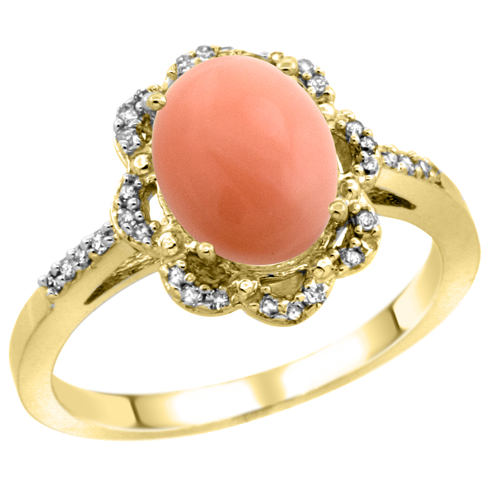 10K Yellow Gold Diamond Halo Natural Coral Engagement Ring Oval 9x7mm, sizes 5-10