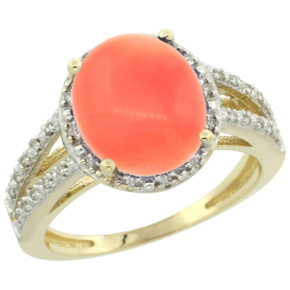 10K Yellow Gold Diamond Natural Coral Ring Oval 11x9mm, sizes 5-10