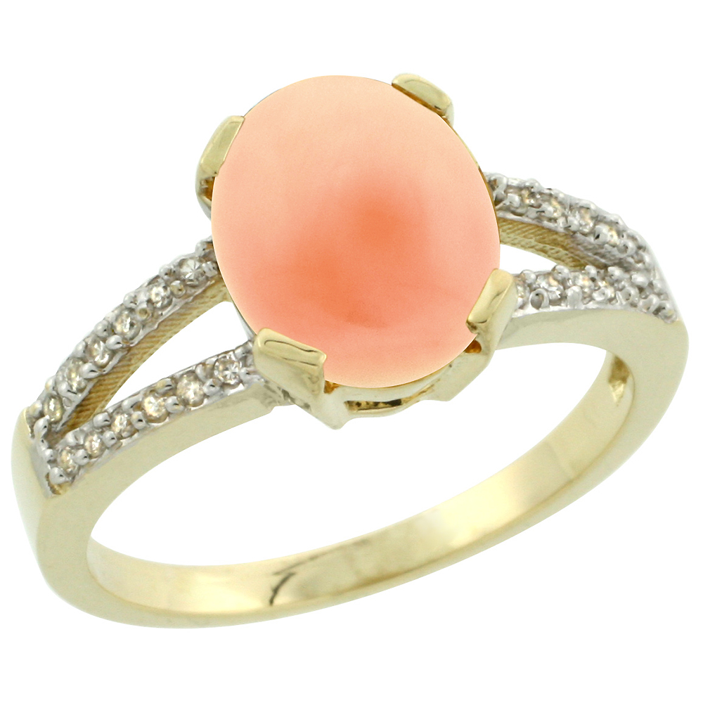 10K Yellow Gold Diamond Natural Coral Engagement Ring Oval 10x8mm, sizes 5-10
