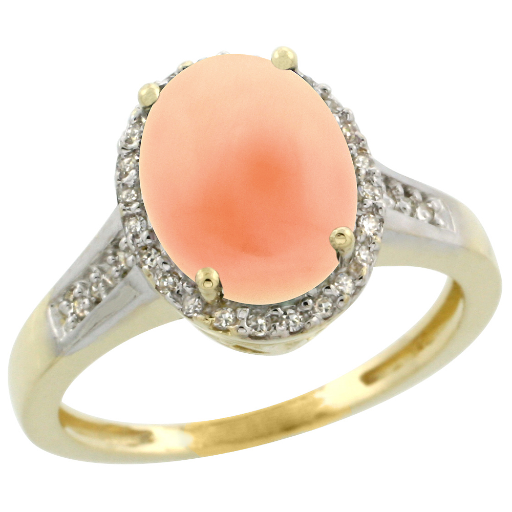 10K Yellow Gold Diamond Natural Coral Engagement Ring Oval 10x8mm, sizes 5-10