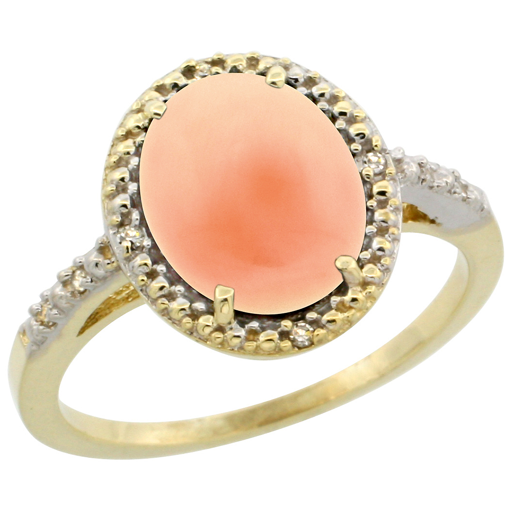 10K Yellow Gold Diamond Natural Coral Engagement Ring Oval 10x8mm, sizes 5-10