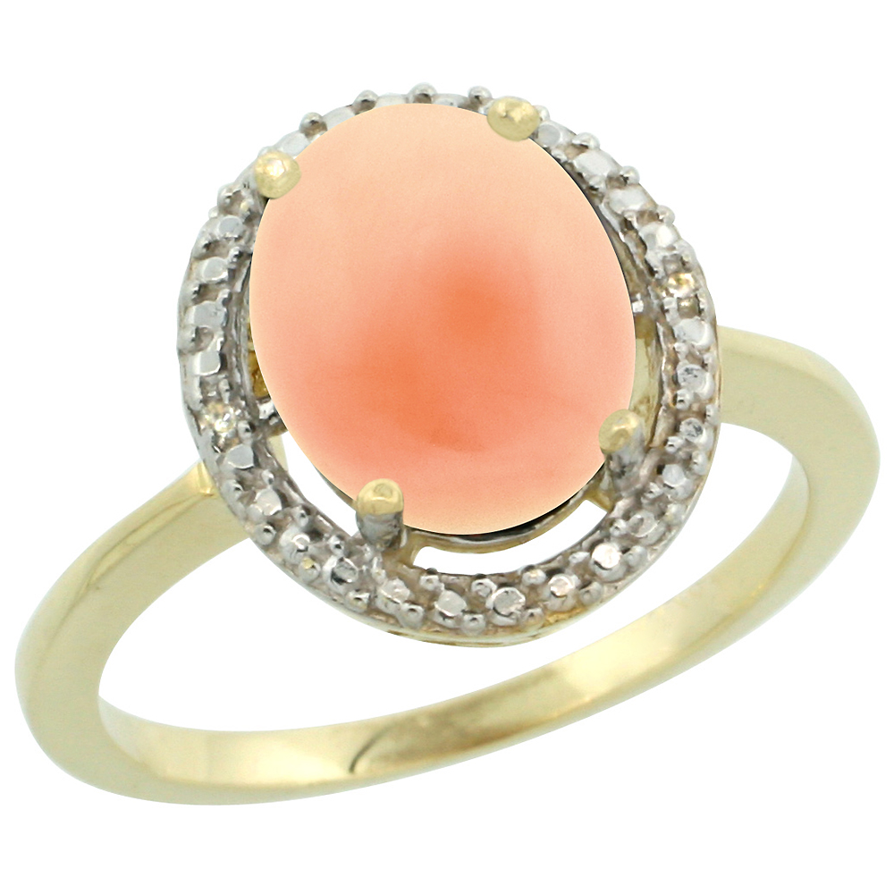 14K Yellow Gold Diamond Natural Coral Engagement Ring Oval 10x8mm, sizes 5-10