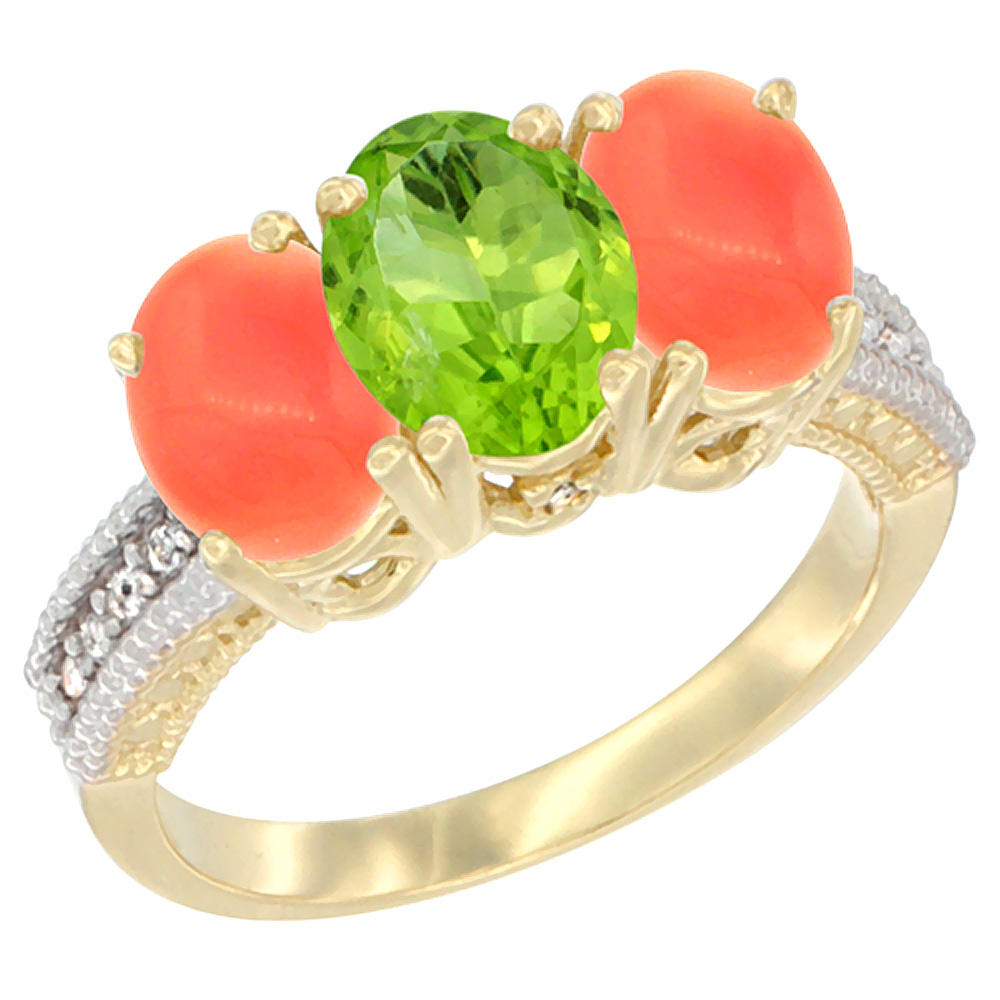 10K Yellow Gold Diamond Natural Peridot & Coral Ring 3-Stone 7x5 mm Oval, sizes 5 - 10