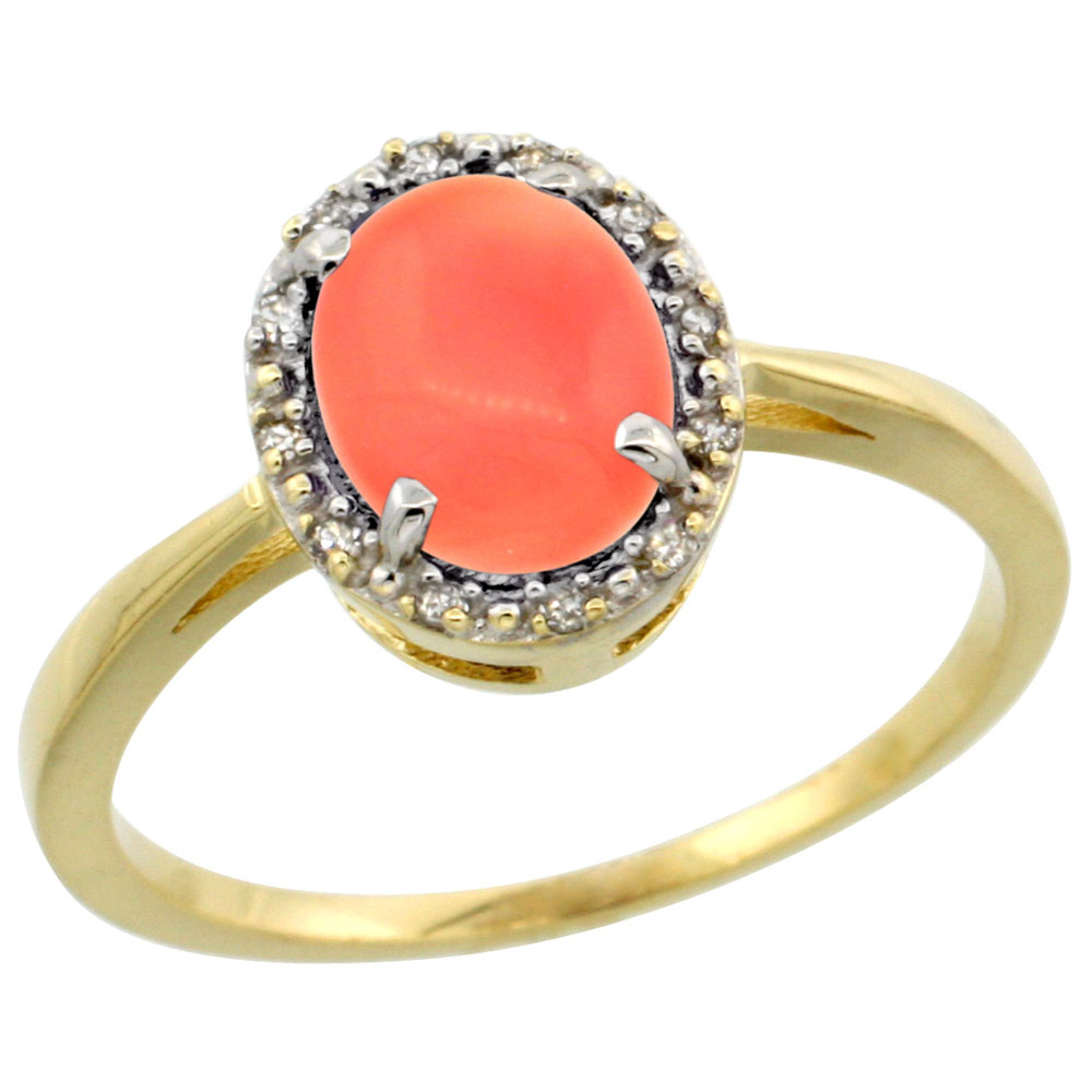 14K Yellow Gold Natural Coral Ring Oval 8x6 mm Diamond Halo, sizes 5-10